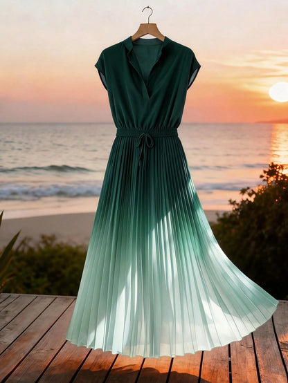 GlowEve Women's Ombre Pleated Hem A-Line Dress,Dark Green,Summer,Elegant,Holiday,Vacation,Holiday,Sleeveless Waist Cinched French Vintage Mid-Length Party