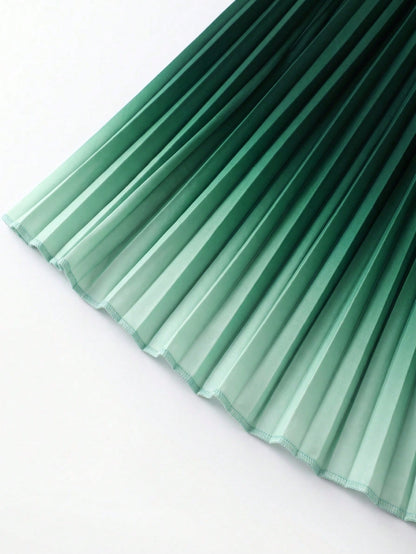GlowEve Women's Ombre Pleated Hem A-Line Dress,Dark Green,Summer,Elegant,Holiday,Vacation,Holiday,Sleeveless Waist Cinched French Vintage Mid-Length Party