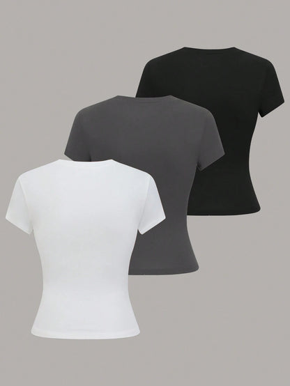 GlowEve Women's Solid Color Round Neck Short Sleeve Casual Versatile T-Shirt, Summer