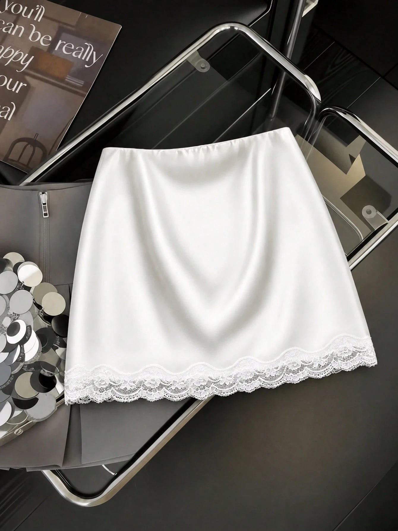 GlowEve Women's White Satin Shiny Skirt,Summer Elegant Classy Lace Patchwork Tea Party Mini Skirt,Fashionable Solid Color Super Short Anti-Exposure Skirt