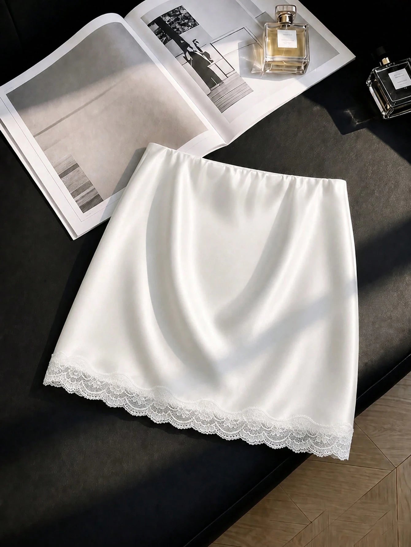GlowEve Women's White Satin Shiny Skirt,Summer Elegant Classy Lace Patchwork Tea Party Mini Skirt,Fashionable Solid Color Super Short Anti-Exposure Skirt