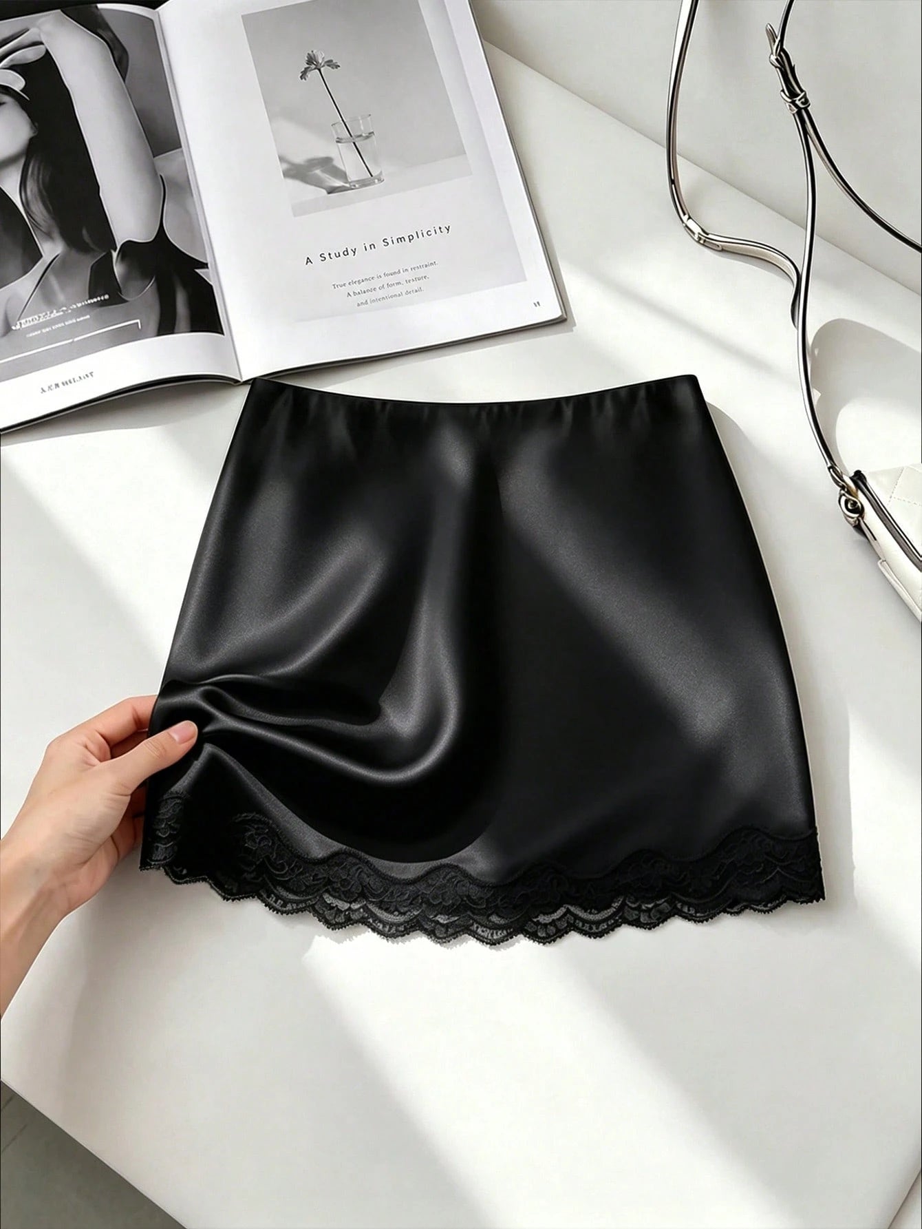 GlowEve Women's White Satin Shiny Skirt,Summer Elegant Classy Lace Patchwork Tea Party Mini Skirt,Fashionable Solid Color Super Short Anti-Exposure Skirt