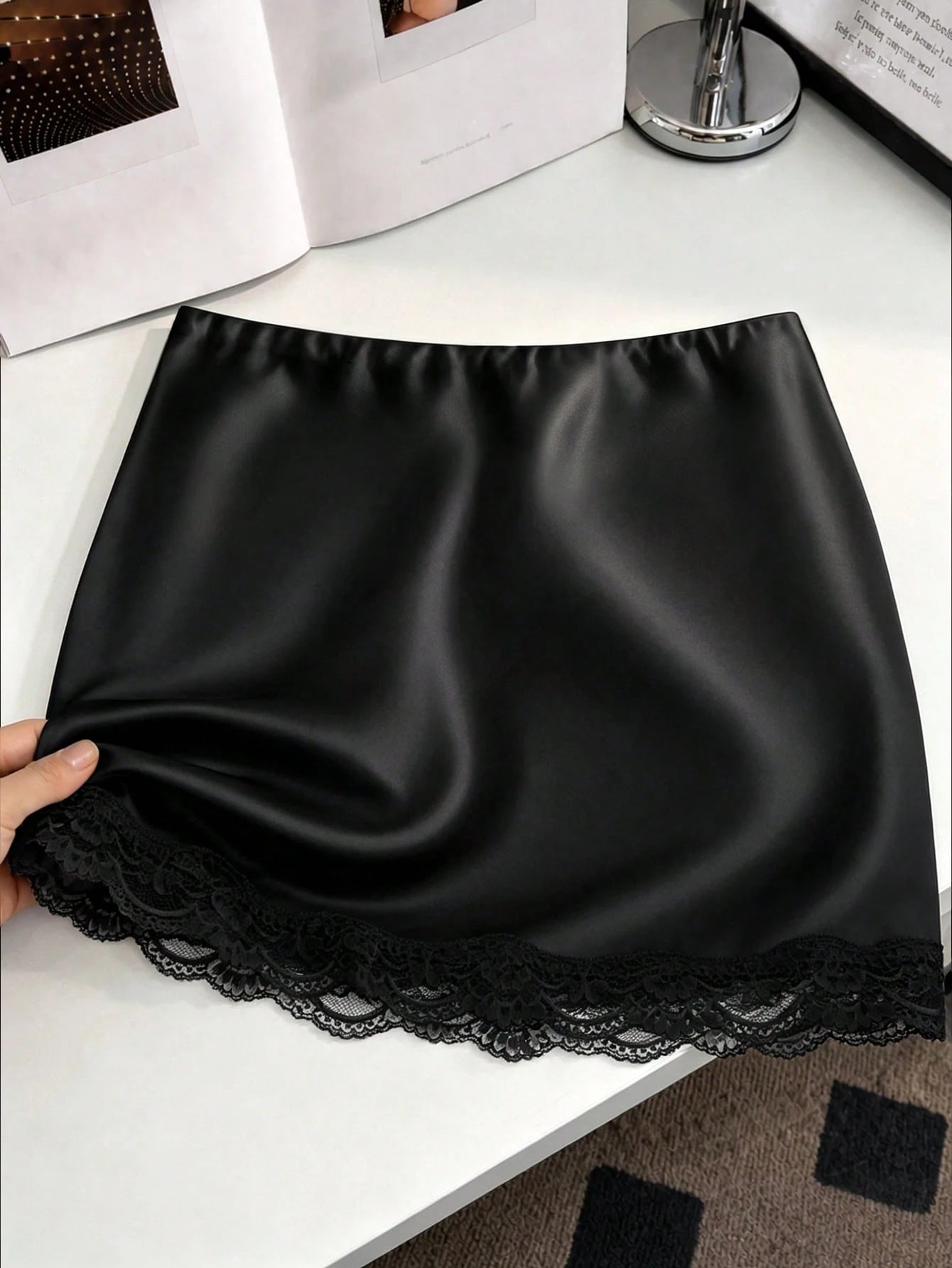GlowEve Women's White Satin Shiny Skirt,Summer Elegant Classy Lace Patchwork Tea Party Mini Skirt,Fashionable Solid Color Super Short Anti-Exposure Skirt