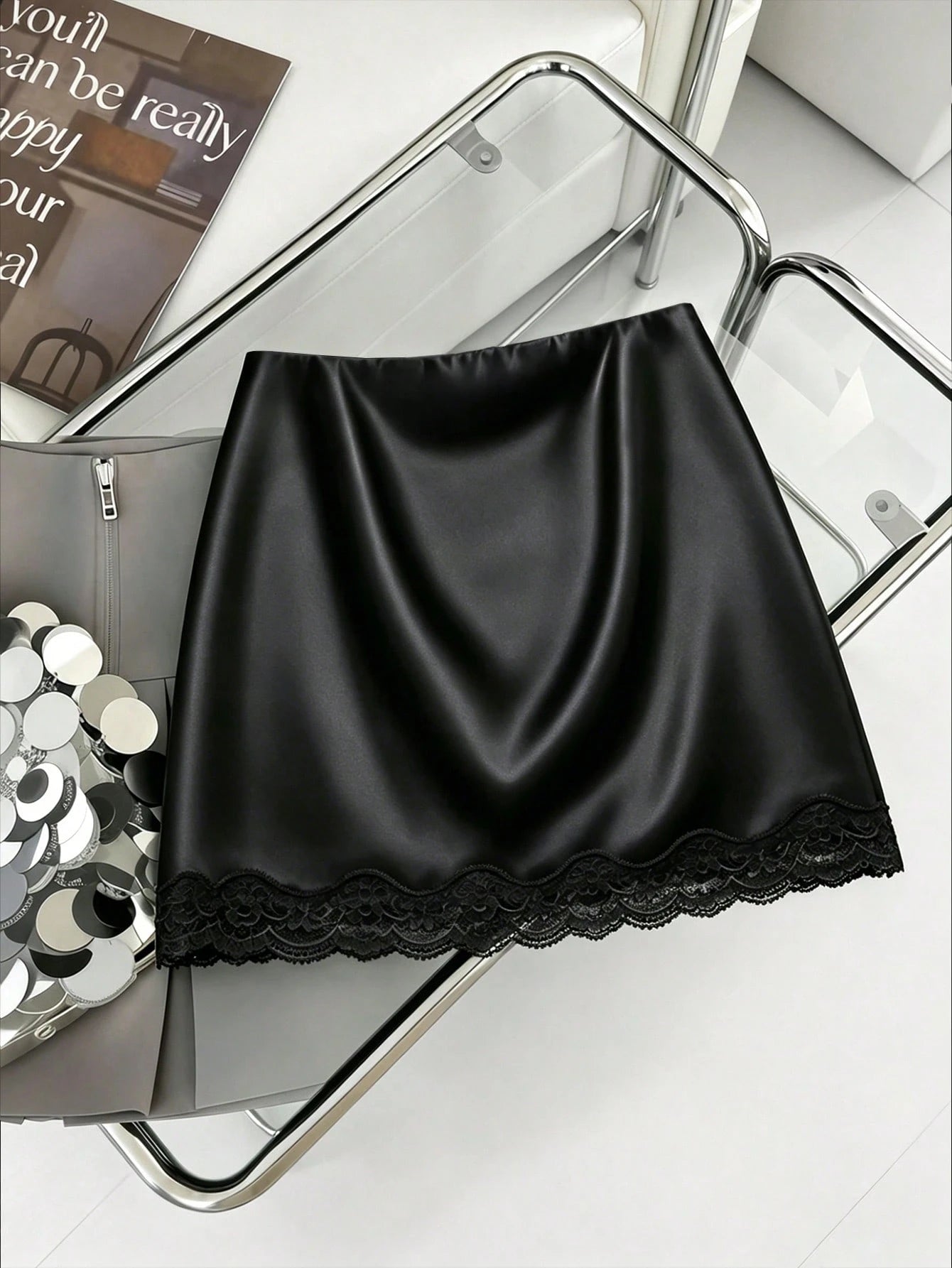 GlowEve Women's White Satin Shiny Skirt,Summer Elegant Classy Lace Patchwork Tea Party Mini Skirt,Fashionable Solid Color Super Short Anti-Exposure Skirt