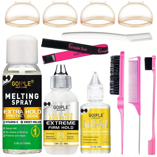 Goiple Waterproof Lace Glue Kit Wig Lace Bond Melting Spray Extra Hold For Lace Front Glueless Adhesive,Includes Lace Melting And Holding Spray,Wig Glue,Adhesive Remover,Rat Tail Comb, Double Sided B