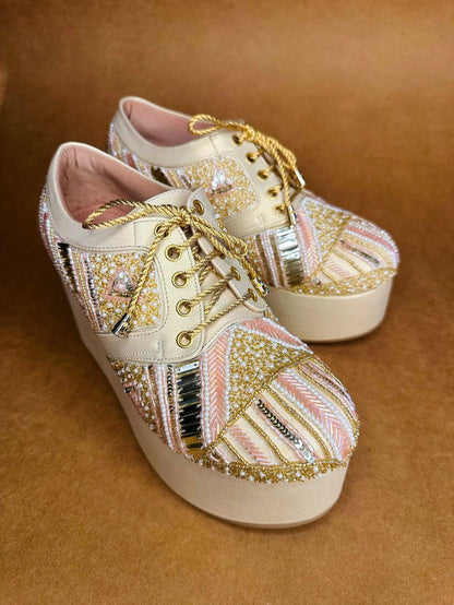 Gold Hand Embroidered Wedges Sneakers
