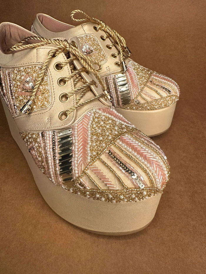 Gold Hand Embroidered Wedges Sneakers