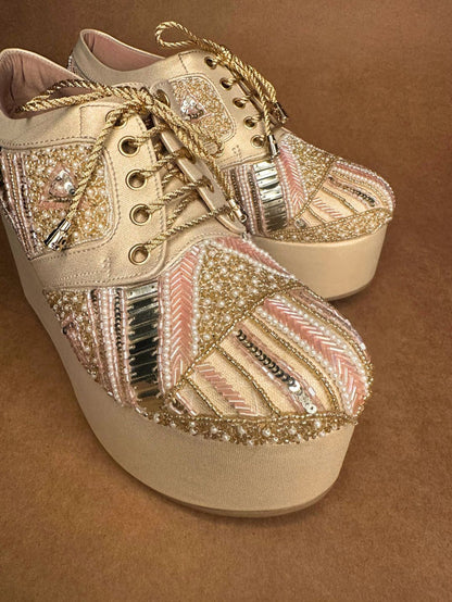 Gold Hand Embroidered Wedges Sneakers