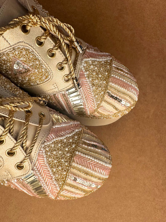 Gold Hand Embroidered Wedges Sneakers