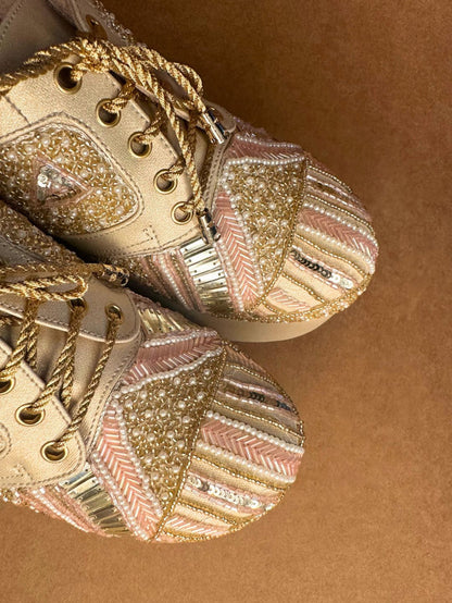 Gold Hand Embroidered Wedges Sneakers