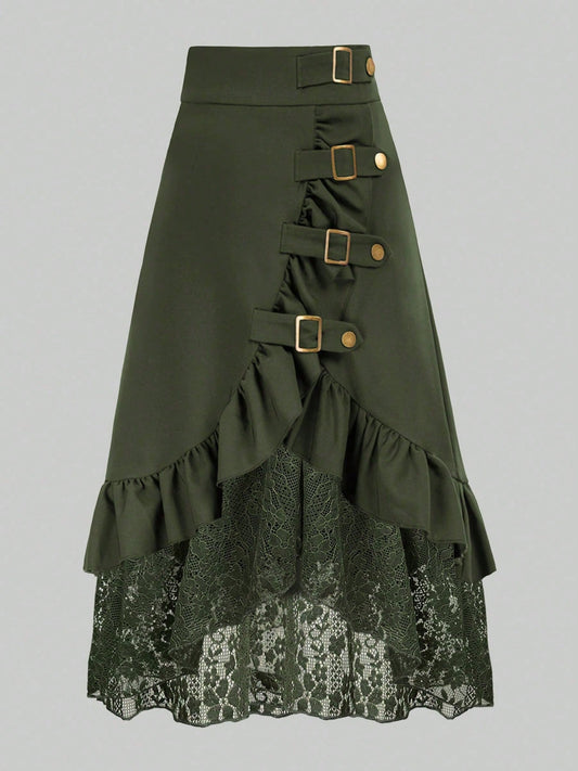 Gothic Style Lace Patchwork Ruffle Hem Solid Color Pirate Skirt Spring