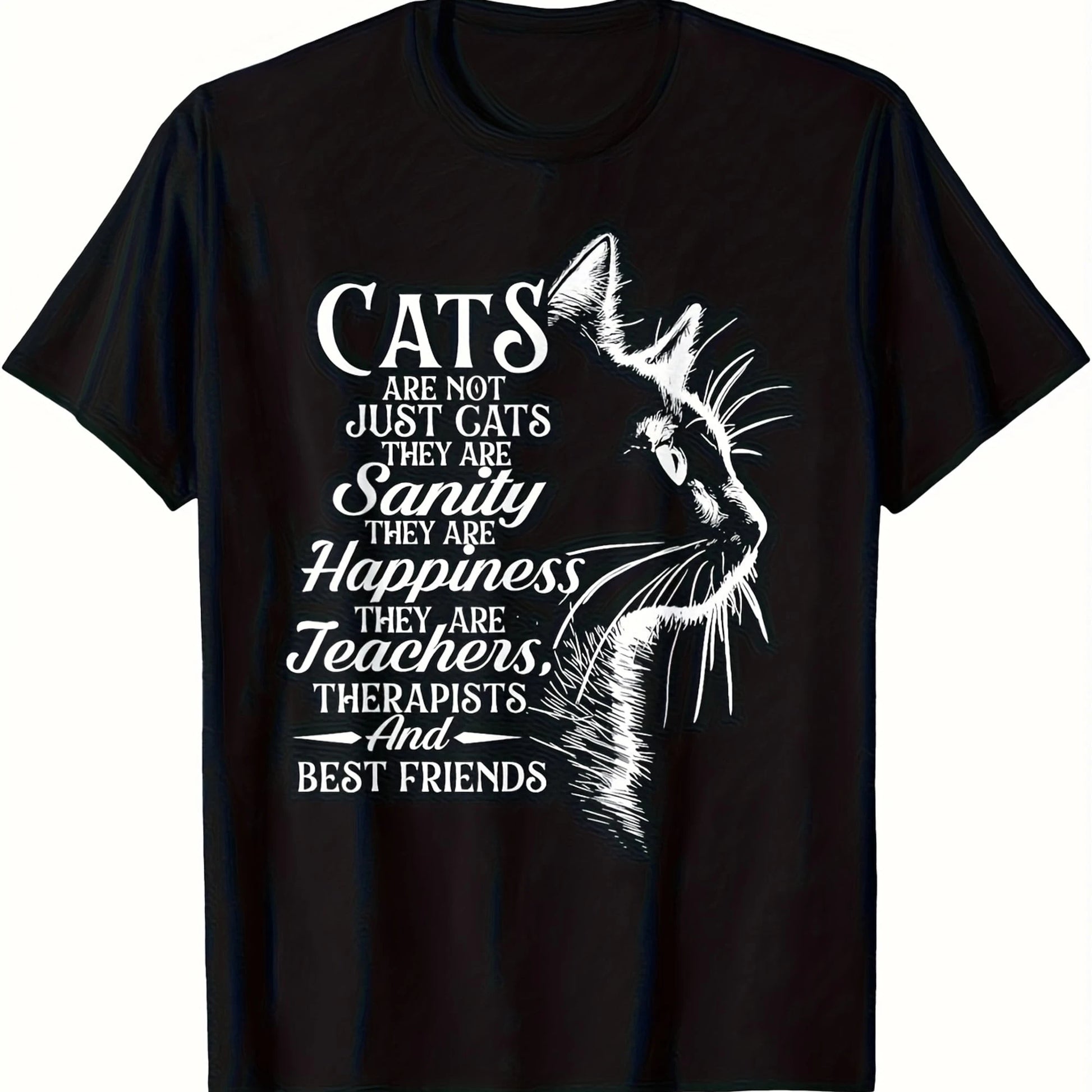 Graphic T-Shirt, Black Cat-Themed T-Shirt, White Print, Regular Fit, Crew Neck, Casual Shirt For Pet Owners, Humorous Clothing, Fun Design.
