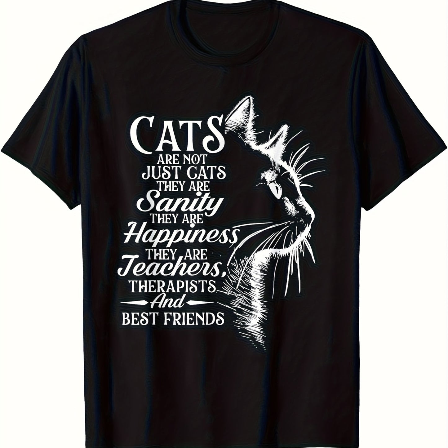 Graphic T-Shirt, Black Cat-Themed T-Shirt, White Print, Regular Fit, Crew Neck, Casual Shirt For Pet Owners, Humorous Clothing, Fun Design.