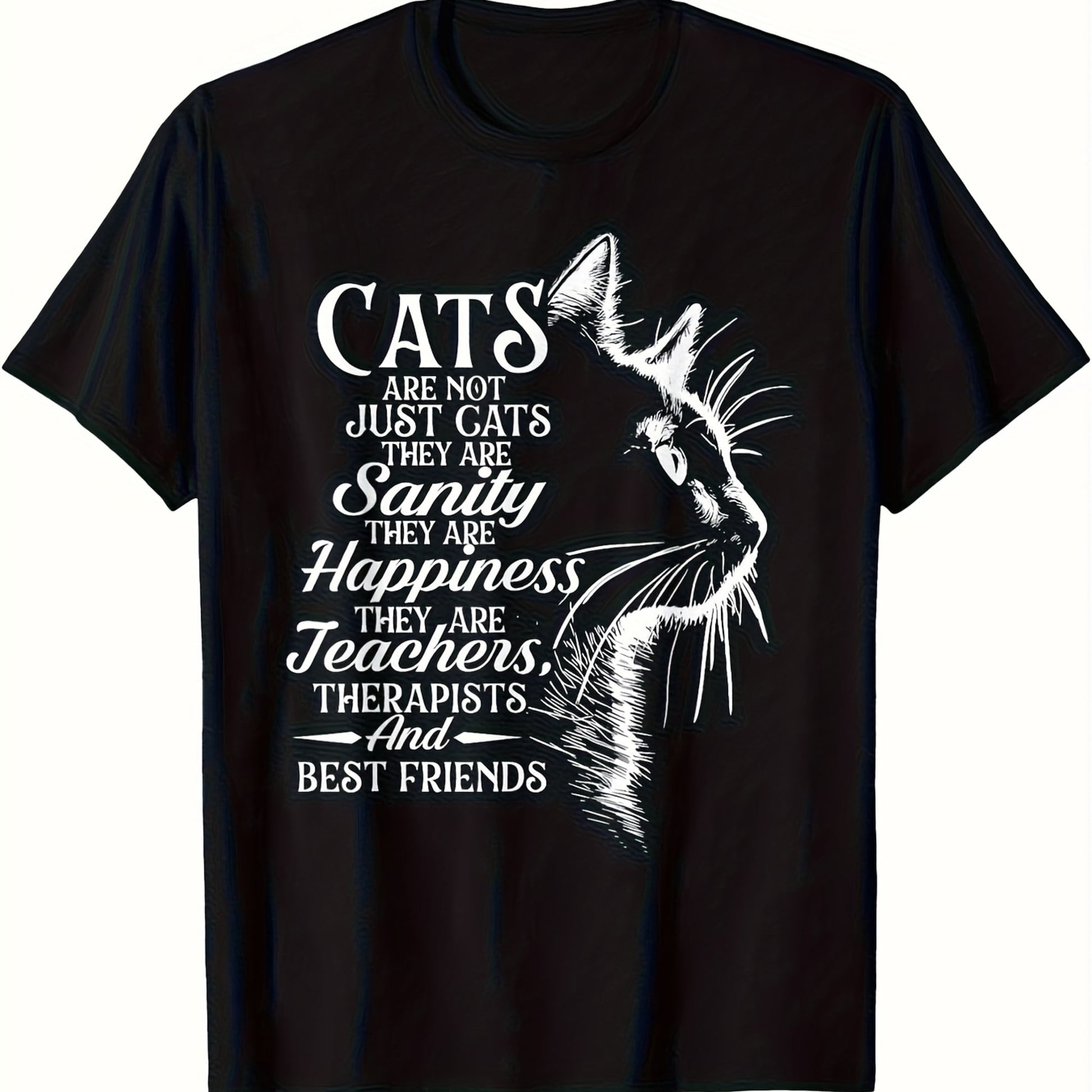 Graphic T-Shirt, Black Cat-Themed T-Shirt, White Print, Regular Fit, Crew Neck, Casual Shirt For Pet Owners, Humorous Clothing, Fun Design.