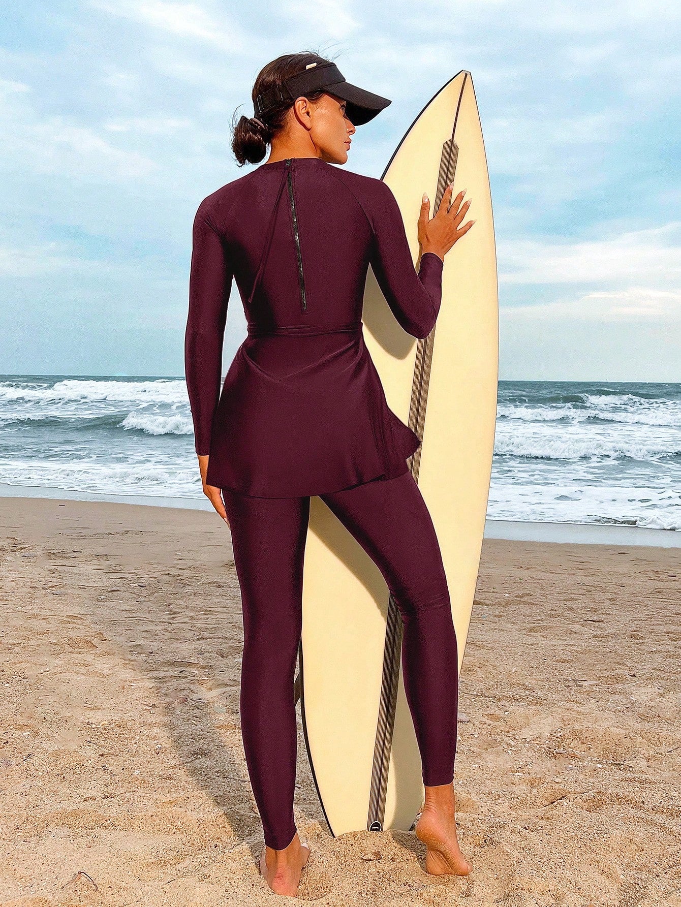 HaiiMeid Solid Color Side Twist Long Sleeve Top And Pants Bikini Swimwear Set, Suitable For Beach Vacation Summer, Resort Wear
