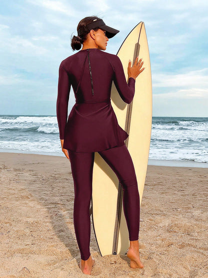 HaiiMeid Solid Color Side Twist Long Sleeve Top And Pants Bikini Swimwear Set, Suitable For Beach Vacation Summer, Resort Wear