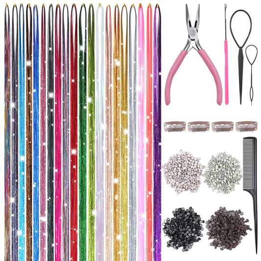 Hair Tinsel- 20 Colors Hair Tinsel Kit- 8000 Strands 48 Inch Glitter Tinsel Hair Extensions With Tools- Heat Resistant Sparkling Fairy Hair