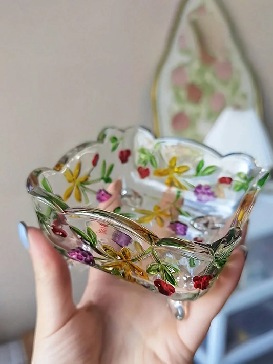 Handmade Retro Glass Ashtray, Floral Pattern- European-Style Rectangular Desktop Ashtray & Decor, Multi-Purpose For Dining Room, Living Room, European Style Ashtray| Exquisite Craftsmanship
