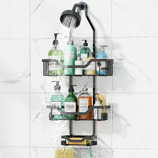 Hanging Shower Rack, 3-Layer Rust-Resistant Shower Storage Rack, Shower Caddy With Basket For Soap, Hooks For Razors And Sponges, No-Drill Bathroom Storage Rack Above The Shower Head- Black