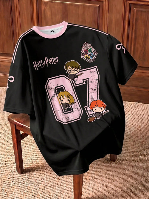 HARRY POTTER X Plus Size Summer Casual Numeric & Cartoon Graphic Round Neck Short Sleeve T-Shirt