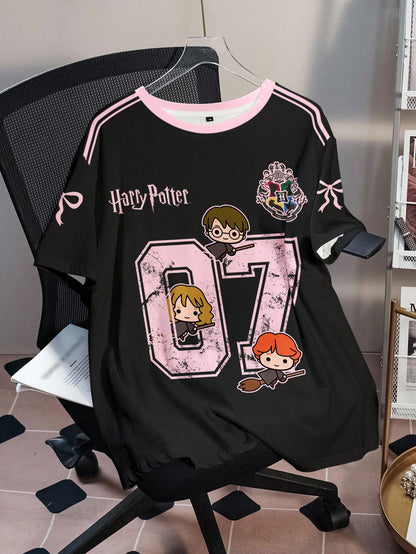 HARRY POTTER X Plus Size Summer Casual Numeric & Cartoon Graphic Round Neck Short Sleeve T-Shirt
