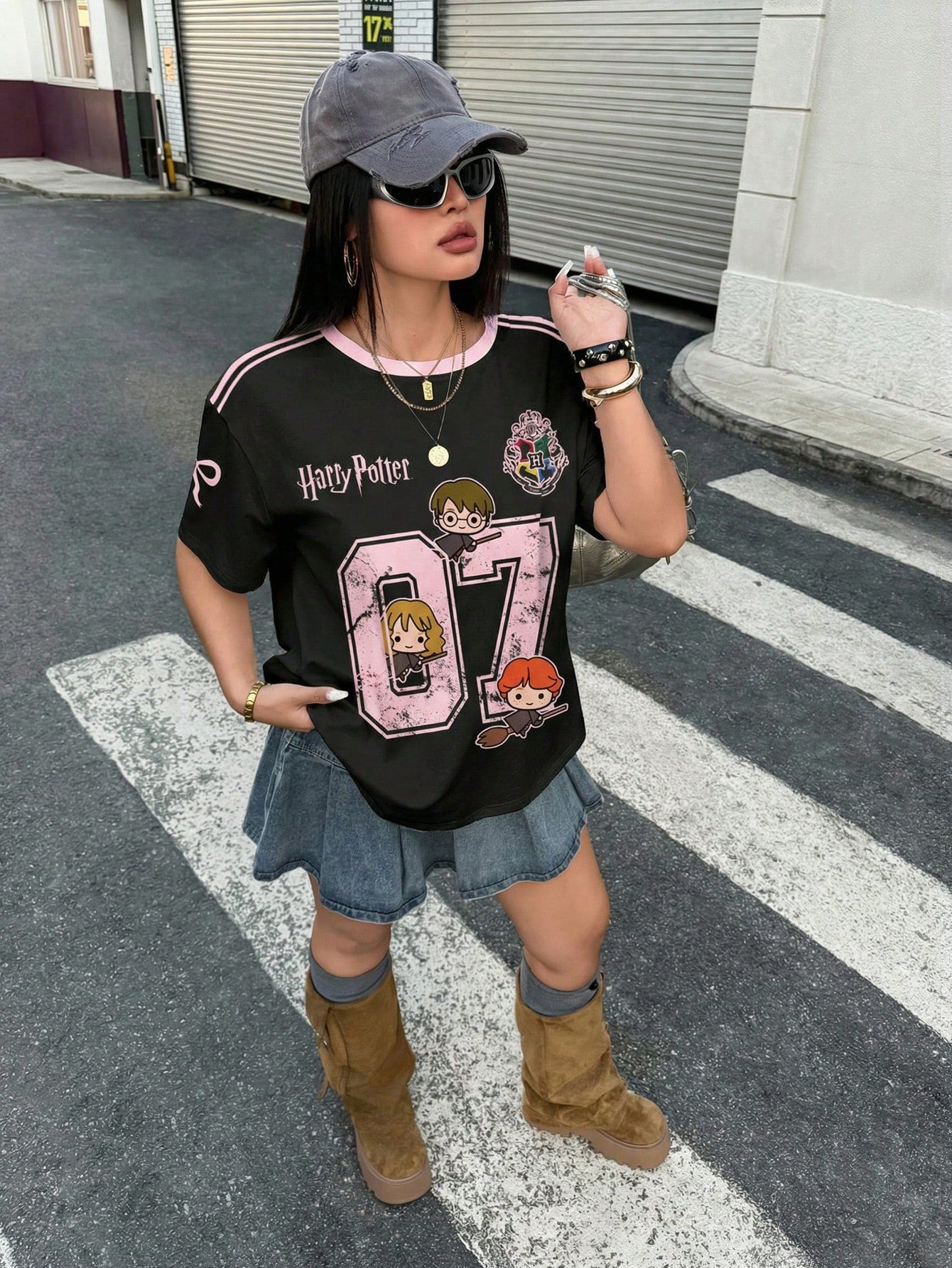 HARRY POTTER X Plus Size Summer Casual Numeric & Cartoon Graphic Round Neck Short Sleeve T-Shirt
