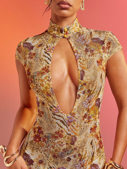 Hauture Abstract Floral Animal Print Lace Mesh Dress Vacation Dress