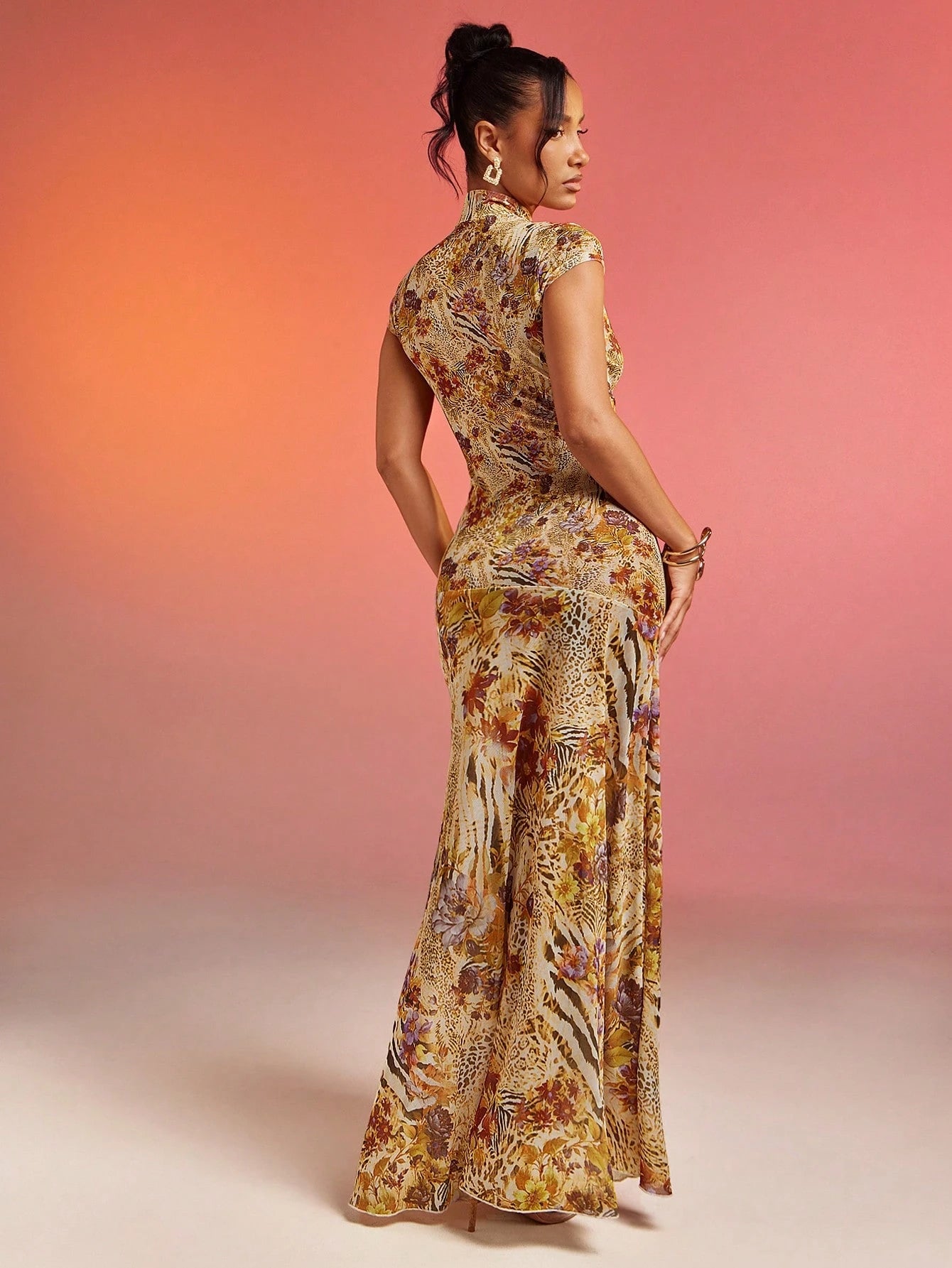 Hauture Abstract Floral Animal Print Lace Mesh Dress Vacation Dress