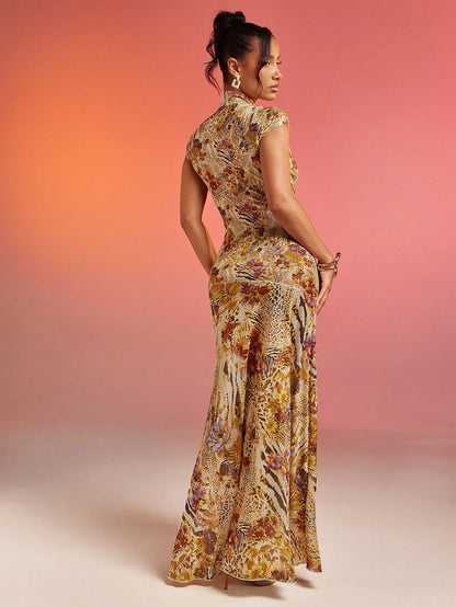Hauture Abstract Floral Animal Print Lace Mesh Dress Vacation Dress