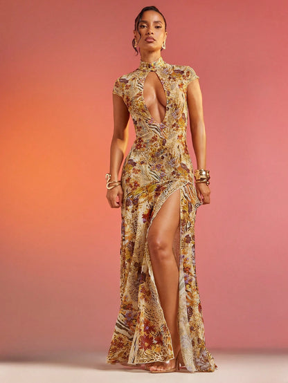 Hauture Abstract Floral Animal Print Lace Mesh Dress Vacation Dress