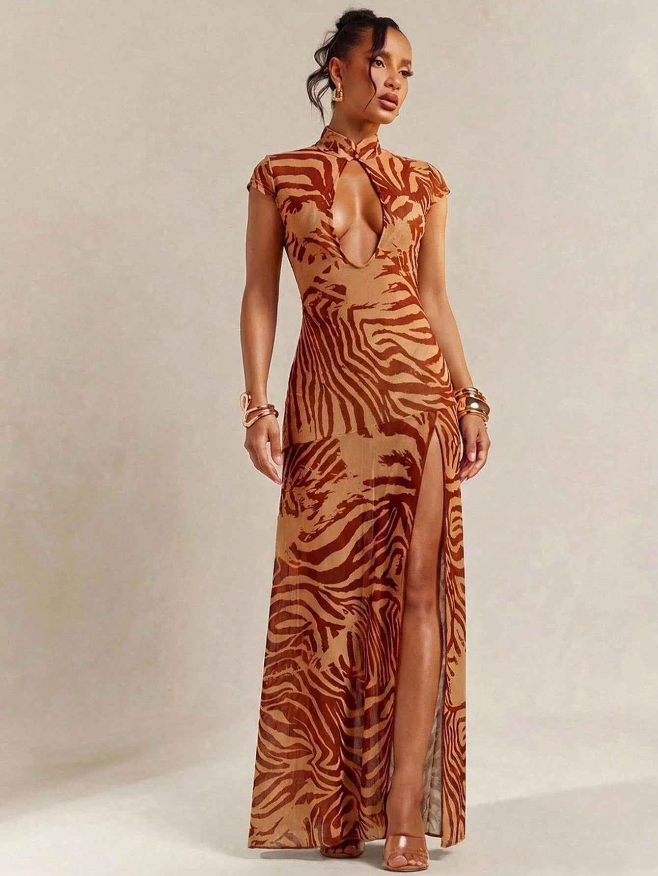 Hauture Abstract Floral Animal Print Lace Mesh Dress Vacation Dress