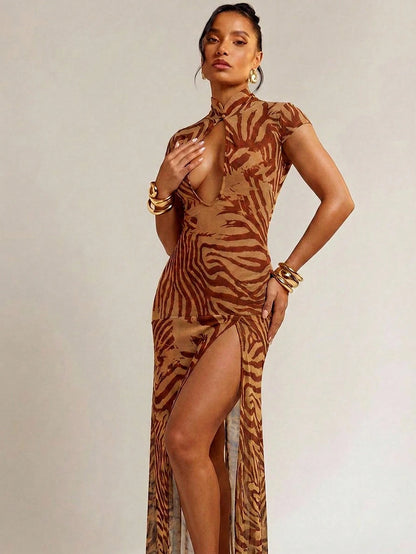 Hauture Abstract Floral Animal Print Lace Mesh Dress Vacation Dress