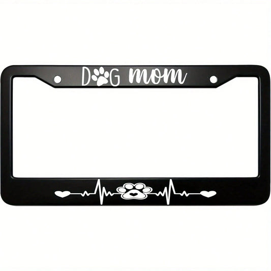 "Heartbeat & Paw Print" Dog Mom License Plate Frame- Unisex Black Aluminum Design, 6x12 Inches, Two-Hole Mount (Screws Included), Fits Standard US And Canadian License Plates; Pet-Themed Car Accessor