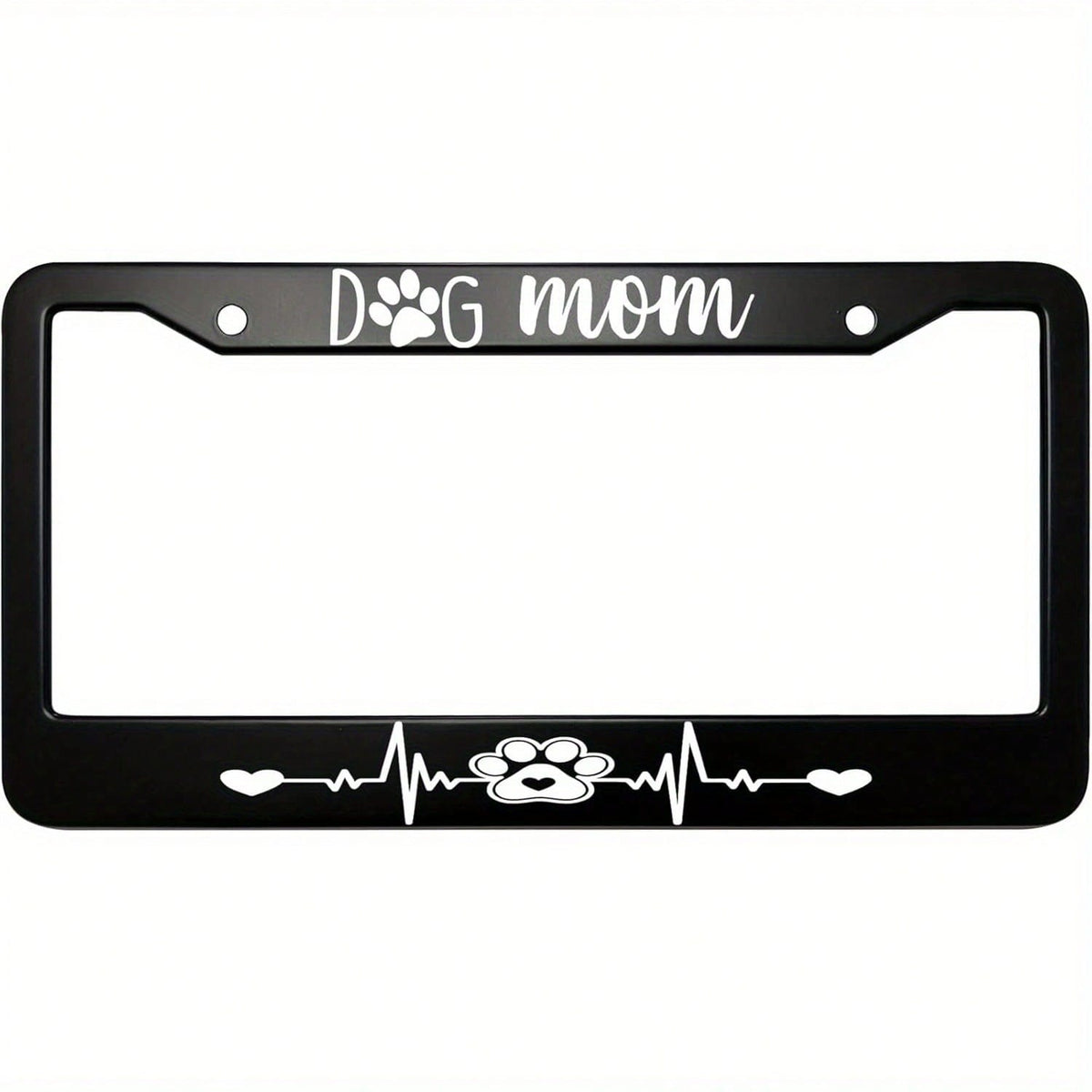 "Heartbeat & Paw Print" Dog Mom License Plate Frame- Unisex Black Aluminum Design, 6x12 Inches, Two-Hole Mount (Screws Included), Fits Standard US And Canadian License Plates; Pet-Themed Car Accessor