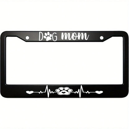 "Heartbeat & Paw Print" Dog Mom License Plate Frame- Unisex Black Aluminum Design, 6x12 Inches, Two-Hole Mount (Screws Included), Fits Standard US And Canadian License Plates; Pet-Themed Car Accessor
