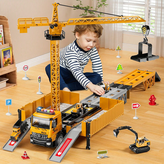 HENGPHY Carrier Truck Race Track Toddlers Toys, Kids Construction Truck Toys For 3-8 Years Old Boys,Transport Car Truck With Tower Crane Light Sound, Bulldozer,Dump Trucks,Cement Truck Car Sets Toys G