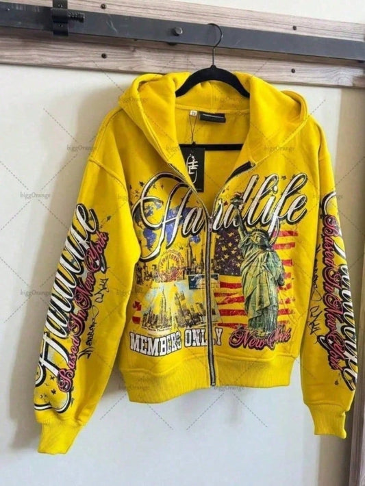 Hip Hop Y2K Streetwear American Vintage Alphabet Hooded Cardigan Printed Loose Sports Harajuku Sweater Jacket