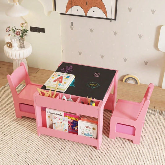 Huisuilinss Kids Table And Chair Set,4 In 1 Wood Toddlers Activity Table & 2 Chairs,Kids Drawing Table With Storage Drawer,Detachable Tabletop For Drawing,Reading,Crafts,Homework,Playroom,Preschool