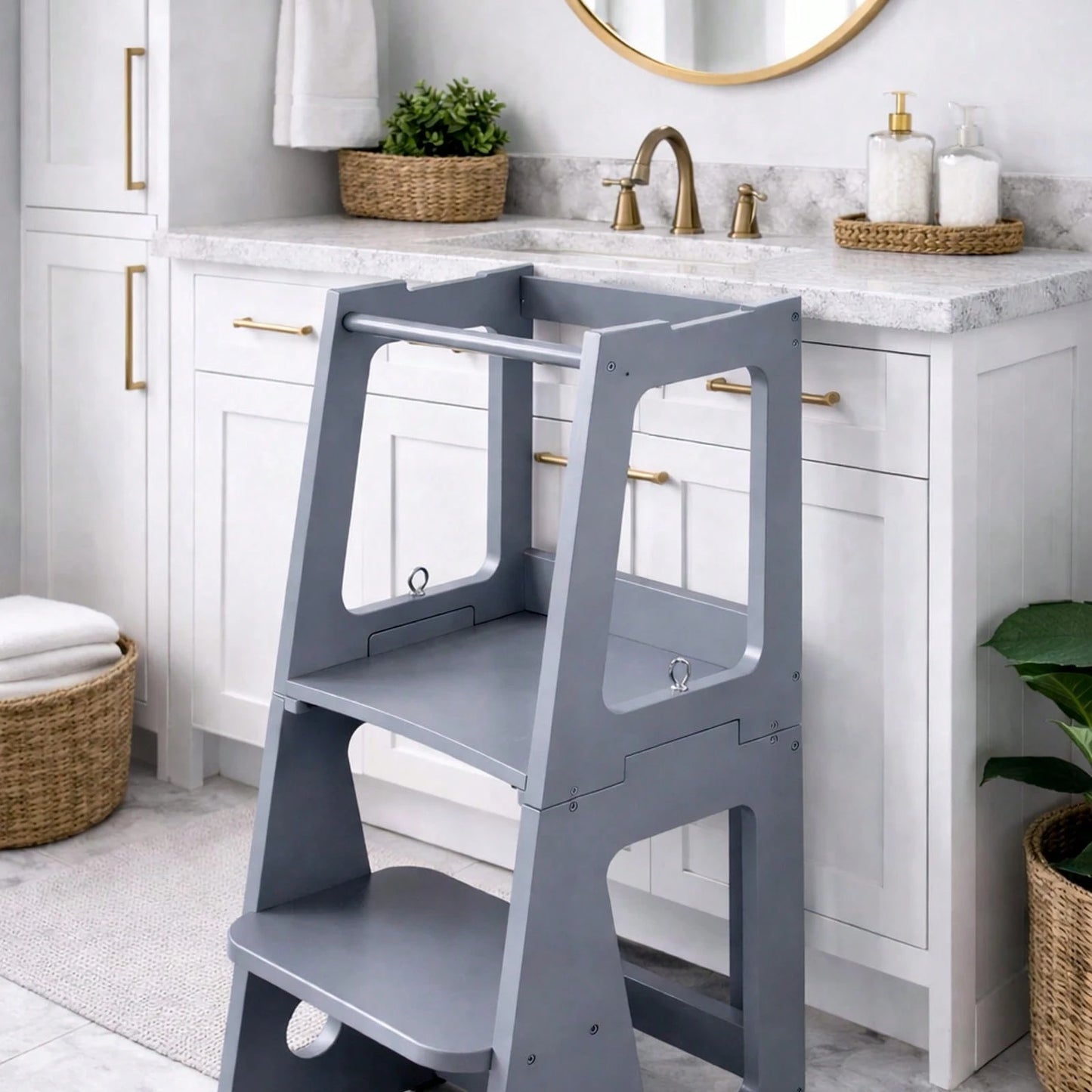 HUOMAQFAN Kitchen Stool Helper 2 In 1 Convertible Step Stool Standing Tower For Kitchen Counter Bathroom Sink Toilet Stable Home Use