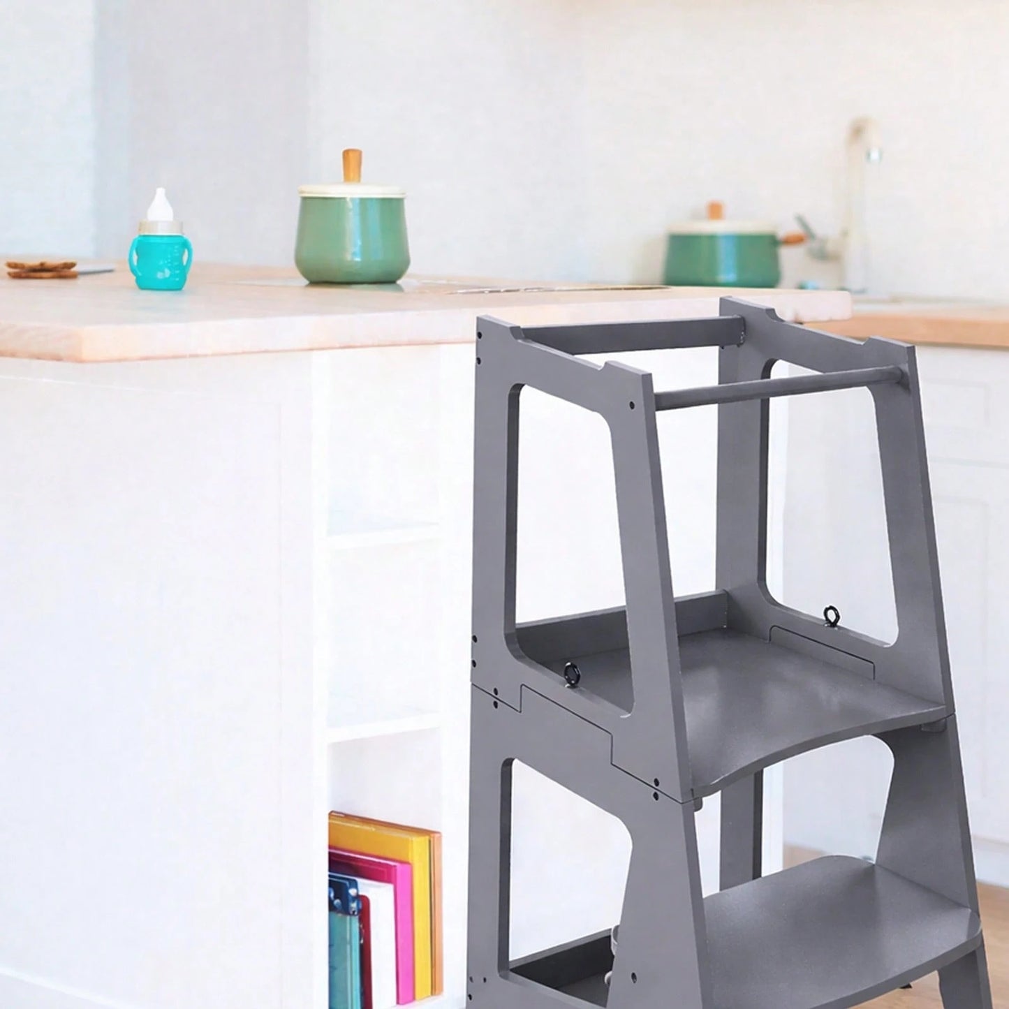 HUOMAQFAN Kitchen Stool Helper 2 In 1 Convertible Step Stool Standing Tower For Kitchen Counter Bathroom Sink Toilet Stable Home Use