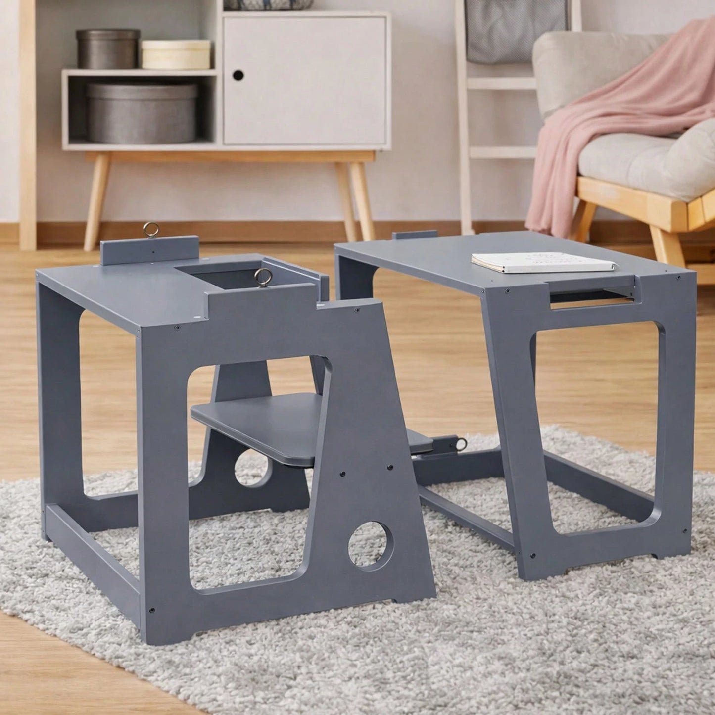 HUOMAQFAN Kitchen Stool Helper 2 In 1 Convertible Step Stool Standing Tower For Kitchen Counter Bathroom Sink Toilet Stable Home Use
