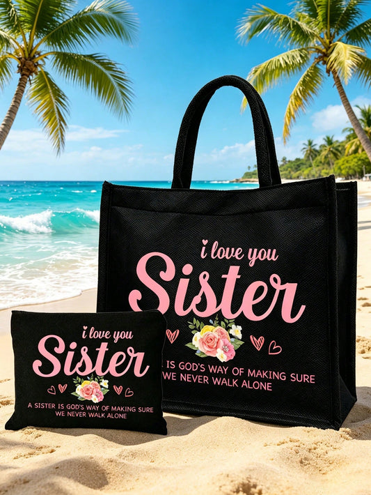 "I Love You, Sister" Black Linen Tote Bag With Matching Makeup Pouch, Minimalist Jesus Letter Print Inspirational Linen Handbag, Pink Letter Floral Print Reusable Linen Shopping Bag| Lightweight Fold