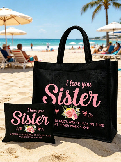 "I Love You, Sister" Black Linen Tote Bag With Matching Makeup Pouch, Minimalist Jesus Letter Print Inspirational Linen Handbag, Pink Letter Floral Print Reusable Linen Shopping Bag| Lightweight Fold
