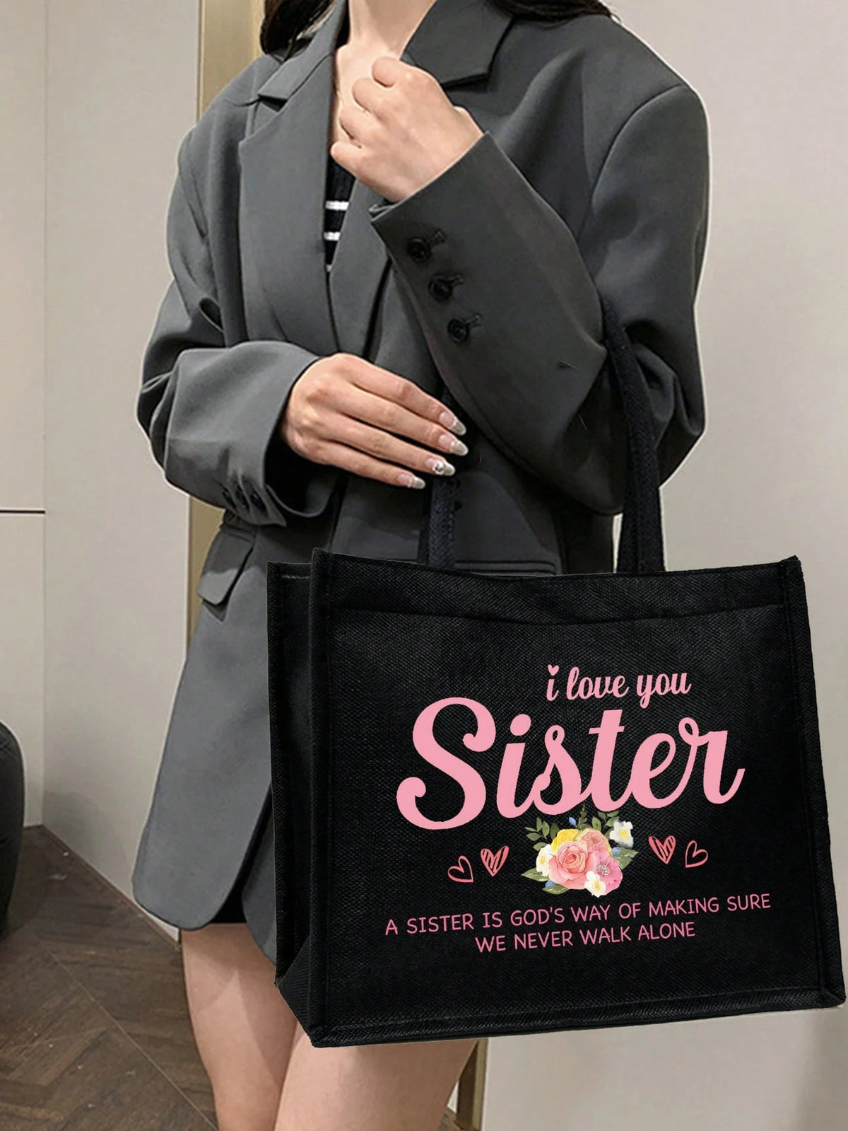 "I Love You, Sister" Black Linen Tote Bag With Matching Makeup Pouch, Minimalist Jesus Letter Print Inspirational Linen Handbag, Pink Letter Floral Print Reusable Linen Shopping Bag| Lightweight Fold