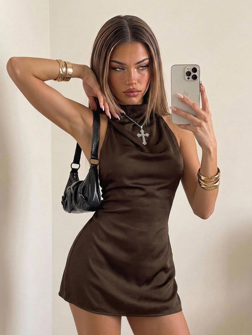 ICON Elegant Backless Long Tie Neck Mini Dress,Dresses For Women Summer