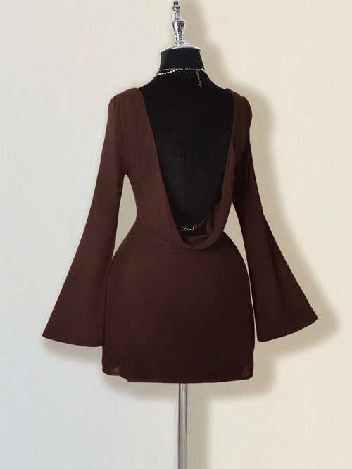 ICON Fall Women's Red Prom Party Draped Solid Color Bell Sleeve Backless Round Neck Fashionable Elegant Mini Dress,Party Dresses For Women,Christmas