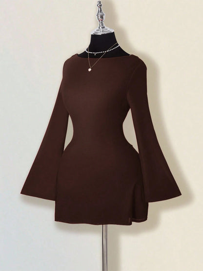 ICON Fall Women's Red Prom Party Draped Solid Color Bell Sleeve Backless Round Neck Fashionable Elegant Mini Dress,Party Dresses For Women,Christmas