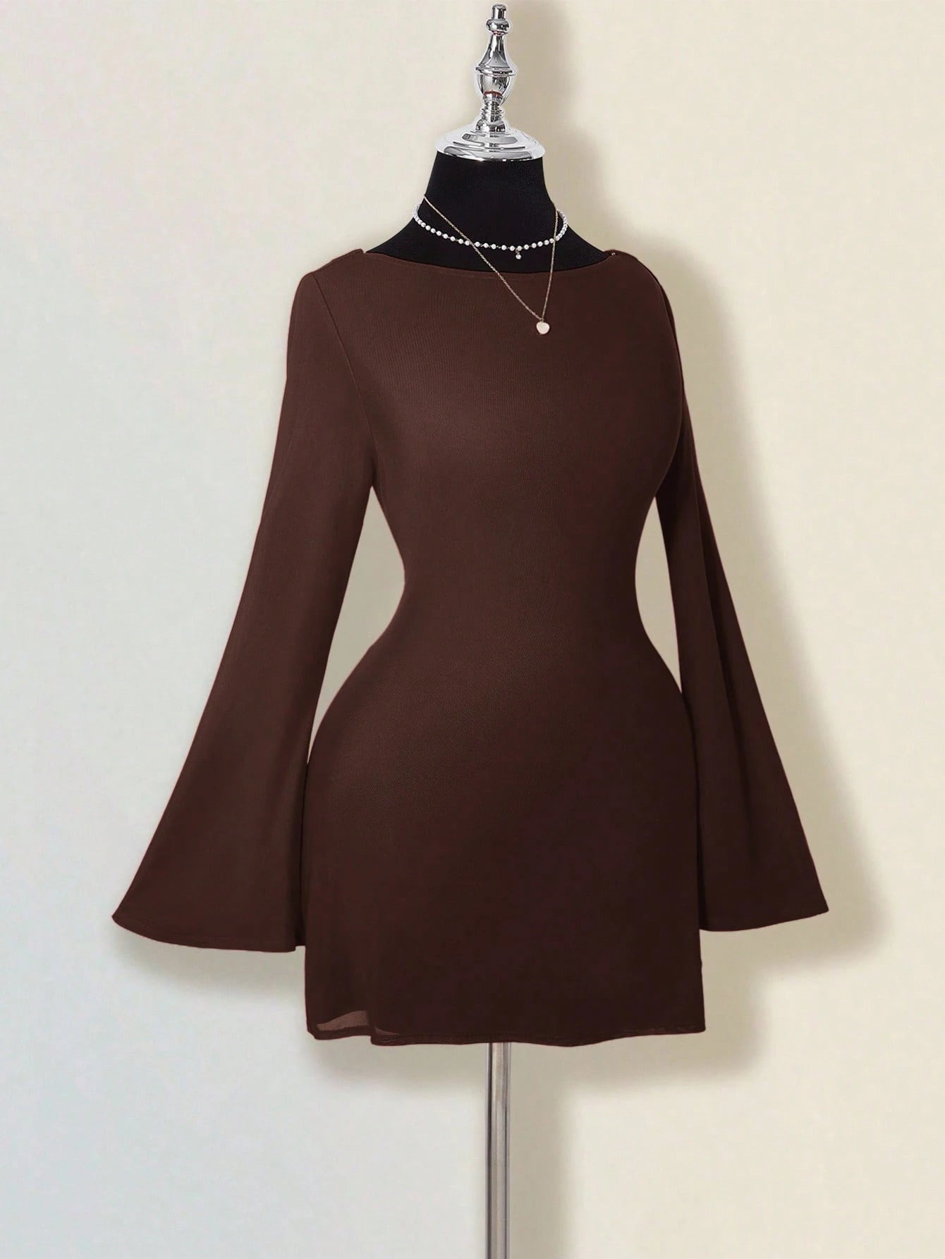 ICON Fall Women's Red Prom Party Draped Solid Color Bell Sleeve Backless Round Neck Fashionable Elegant Mini Dress,Party Dresses For Women,Christmas