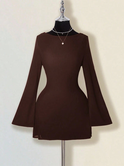 ICON Fall Women's Red Prom Party Draped Solid Color Bell Sleeve Backless Round Neck Fashionable Elegant Mini Dress,Party Dresses For Women,Christmas