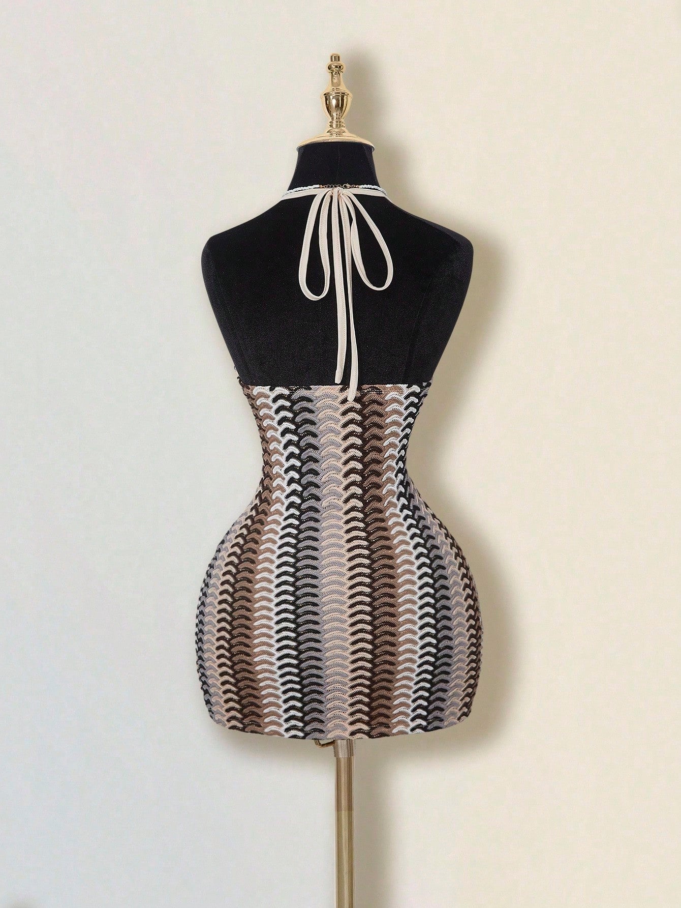 ICON Women's Colorful Jacquard Knit Contrast Ribbed Trim Halter Backless Deep V Mini Beach Dress